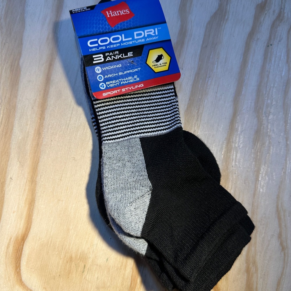 Hanes Mens Cool Dri Ankle Socks 3 Pair Black Grey Size 6-12 DG5163